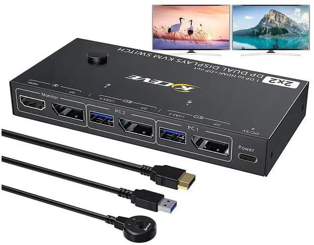 Main image of Dual Monitor Displayport KVM Switch 8K @30hz, 4K @30Hz, HDMI DP Extended Display Switcher for 2 Computers share 2 monitors and 4 USB 3.0 ports, wired remote control and DP 1.4 cable included eokCXOY
