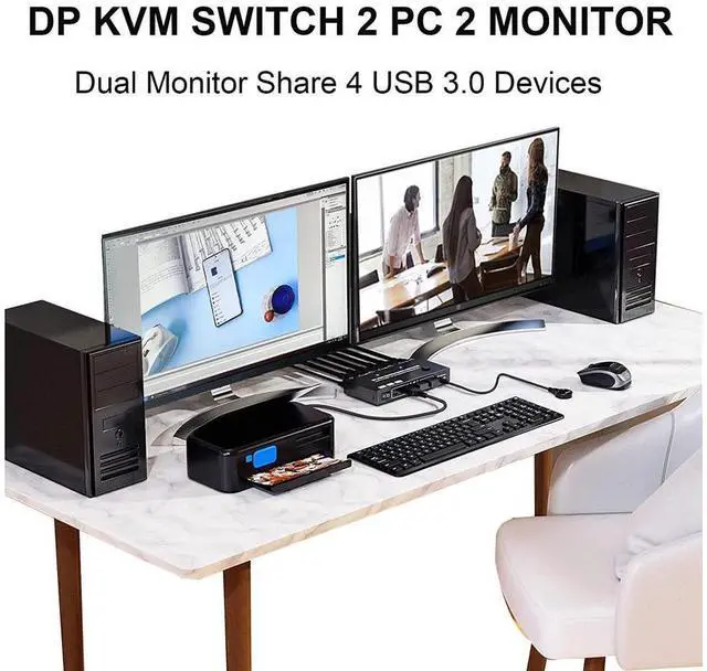 Alt view image 3 of 7 - Dual Monitor Displayport KVM Switch 8K @30hz, 4K @30Hz, HDMI DP Extended Display Switcher for 2 Computers share 2 monitors and 4 USB 3.0 ports, wired remote control and DP 1.4 cable included eokCXOY