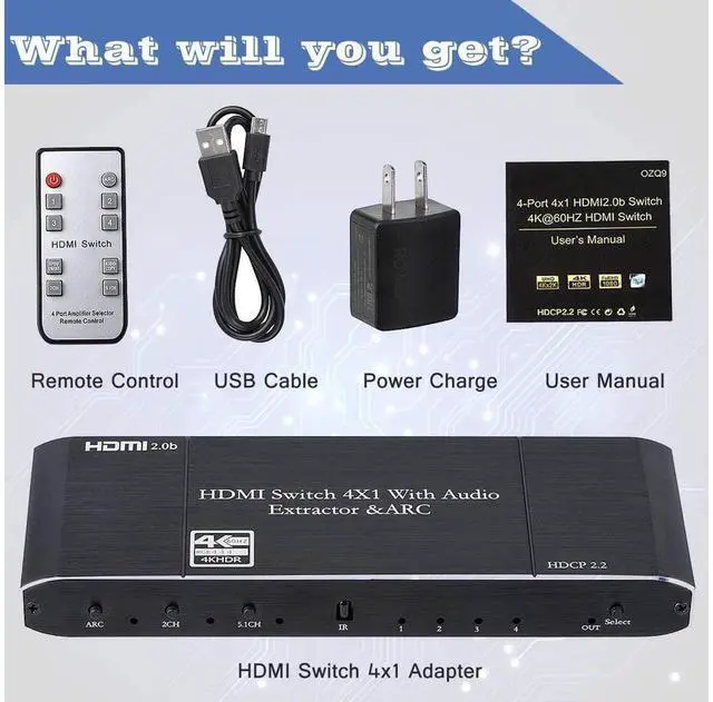 Alt view image 7 of 7 - 4K HDMI Switch 60Hz HDMI Switcher 4 Port 4x1 HDMI Switcher Splitter Box hdmi Audio Extractor Supports ARC HDR10 ARC 18Gbps HDCP2.2,RGB 8:8:8, 3D with Remote Control eokCXOY
