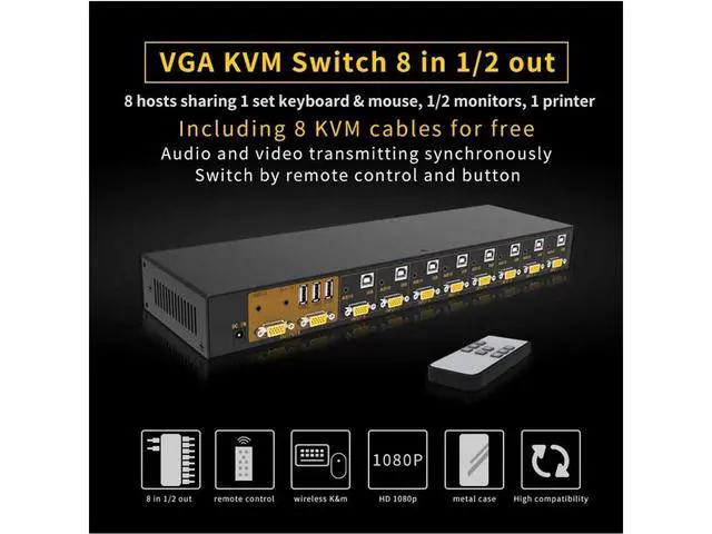 Alt view image 2 of 7 - VGA KVM Switch 8 Port 8 in 2 Out Switcher 8x2 VGA Switch Supports Wireless Keyboard and Mouse Audio USB 2.0 Devices Sharing 8 Computers with Remote Control eokCXOY