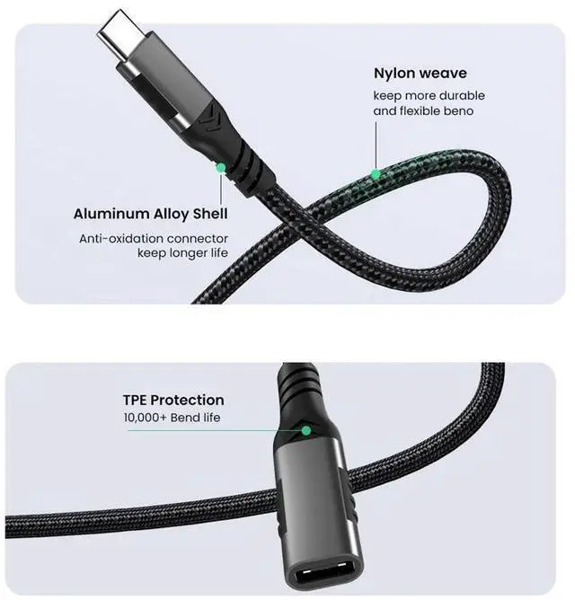 Alt view image 2 of 7 - USB C Extension Cable, 6.6ft /2M-Braided USB C Extender Cable, USB C to USB C Male to Female Cord USB 3.1 Gen 2 Sync Transfer 10Gbps 100W/5A Fast Charging 4K Display Compatible with Laptop Smartphones