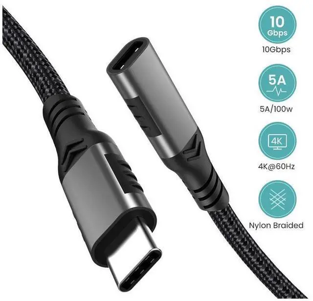 Main image of USB C Extension Cable, 6.6ft /2M-Braided USB C Extender Cable, USB C to USB C Male to Female Cord USB 3.1 Gen 2 Sync Transfer 10Gbps 100W/5A Fast Charging 4K Display Compatible with Laptop Smartphones