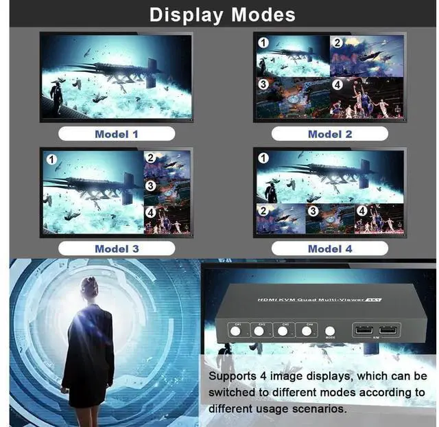 Alt view image 2 of 7 - HDMI Switch Multiviewer 4x1,4K@30Hz HDMI Multiviewer Switch, HDMI Quad Multiviewer Seamless Switch 4 in 1 Out, HDMI KVM Switch with 2 USB and Audio Ports,Support Mouse Sliding Switch Control eokCXOY
