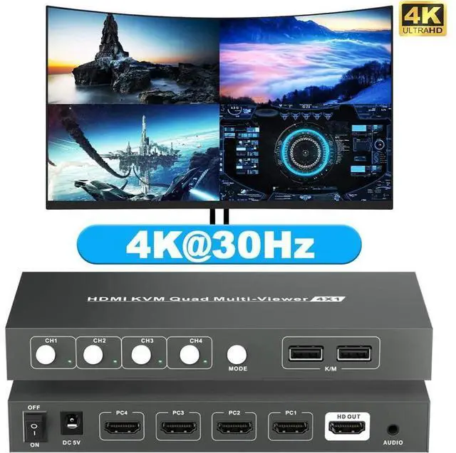Alt view image 4 of 7 - HDMI Switch Multiviewer 4x1,4K@30Hz HDMI Multiviewer Switch, HDMI Quad Multiviewer Seamless Switch 4 in 1 Out, HDMI KVM Switch with 2 USB and Audio Ports,Support Mouse Sliding Switch Control eokCXOY