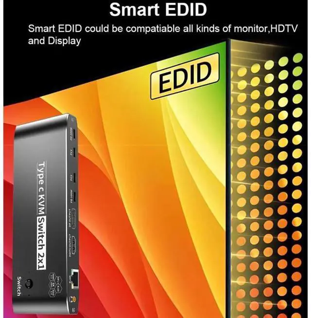 Alt view image 5 of 7 - 2x1 Type-C KVM Switch 8K@60Hz 2 in 1 Out, 2 Ports 8K Thunderbolt 4 USB C KVM Switch with Ethernet RJ45 100W PD Charge 3.5mm Audio Jack, Type C KVM Switch Switcher for 2 Computer 1 Monitor, Smart EDID