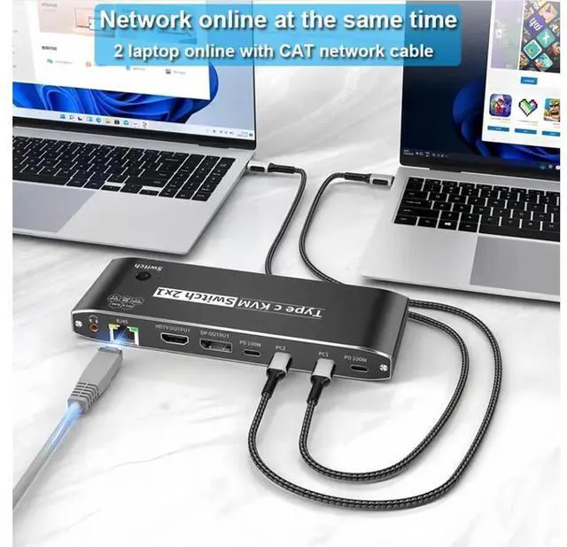 Alt view image 6 of 7 - 2x1 Type-C KVM Switch 8K@60Hz 2 in 1 Out, 2 Ports 8K Thunderbolt 4 USB C KVM Switch with Ethernet RJ45 100W PD Charge 3.5mm Audio Jack, Type C KVM Switch Switcher for 2 Computer 1 Monitor, Smart EDID