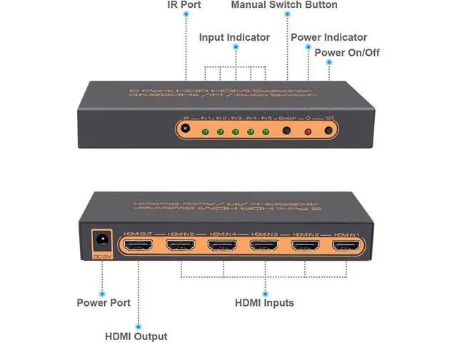 Alt view image 4 of 7 - 4K @60Hz Premium 5 Port HDMI Switch with Remote, 5 in 1 Out 4Kx2K HDMI Auto Switcher, 5x1 HDMI Switch Support UHD, HDR10, Dolby Vision, Atmos, YCbCr 4:4:4, HDCP2.2 and CEC (with US Power Adapter)