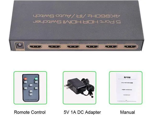 Alt view image 7 of 7 - 4K @60Hz Premium 5 Port HDMI Switch with Remote, 5 in 1 Out 4Kx2K HDMI Auto Switcher, 5x1 HDMI Switch Support UHD, HDR10, Dolby Vision, Atmos, YCbCr 4:4:4, HDCP2.2 and CEC (with US Power Adapter)