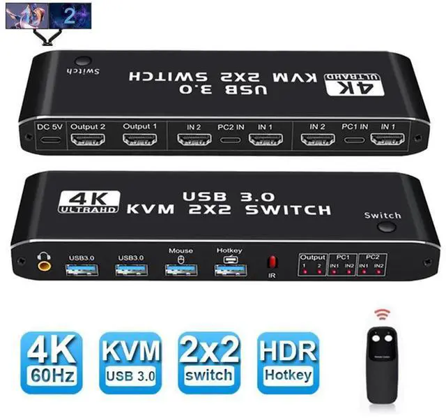 Main image of Dual Monitor HDMI KVM Switch 2 Monitors 2 Computers 2 in 2 Out, 4K @60Hz USB HDMI KVM Switches with Audio HDMI2.0 Ports+4x USB 3.0, Supports 4K 60Hz, RGB 4:4:4, HDR, HDCP, Hotkey, Darkish (USB 3.0)