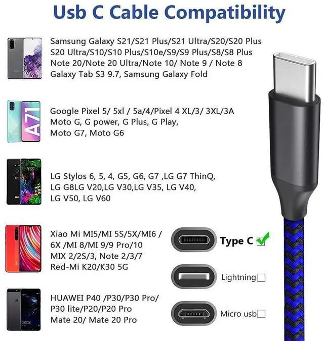 Alt view image 6 of 7 - USB C Cable 10ft 3 Pack USB C Charger Cable, USB A to USB C Charging Cable USB Type C Fast Charge Cord Compatible with S-a-m-s-u-n-g GalaxyS20 S10 Note 9, Android Cell Phones and More- Black Blue Red