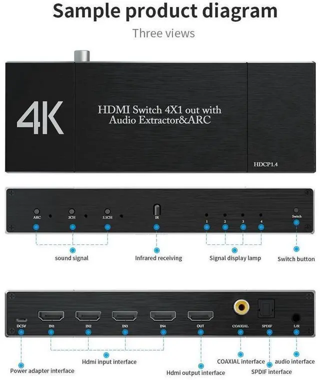 Alt view image 2 of 7 - 4K@60Hz 4x1 HDMI Switch Audio Extractor with Optical Toslink SPDIF/Coaxial/3.5mm Audio Out, 4 Ports HDMI 2.0b Switcher with Remote Control Support ARC, HDCP 2.2, 3D, for Xbox, Fire Stick, PS5, OZQ7