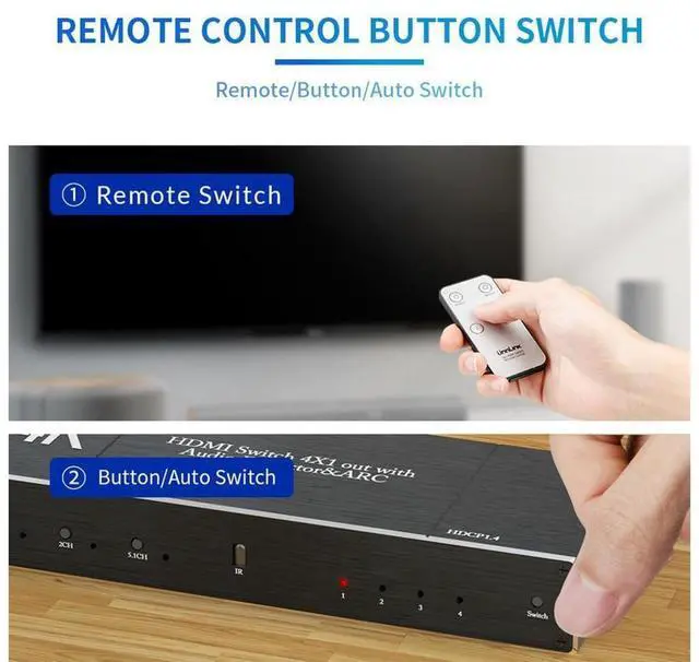 Alt view image 4 of 7 - 4K@60Hz 4x1 HDMI Switch Audio Extractor with Optical Toslink SPDIF/Coaxial/3.5mm Audio Out, 4 Ports HDMI 2.0b Switcher with Remote Control Support ARC, HDCP 2.2, 3D, for Xbox, Fire Stick, PS5, OZQ7