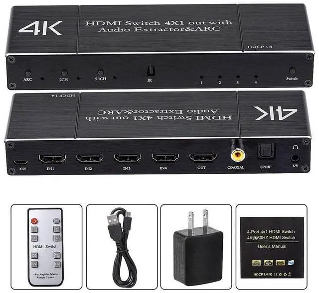Alt view image 7 of 7 - 4K@60Hz 4x1 HDMI Switch Audio Extractor with Optical Toslink SPDIF/Coaxial/3.5mm Audio Out, 4 Ports HDMI 2.0b Switcher with Remote Control Support ARC, HDCP 2.2, 3D, for Xbox, Fire Stick, PS5, OZQ7