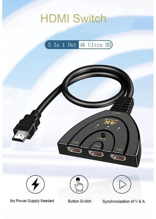 Alt view image 4 of 7 - HDMI Switch, 4K HDMI Splitter 3 in 1 Out,3 Port HDMI Switch 3x1 Switch Splitter with Pigtail Cable Supports Full HD 4K 1080P 3D Player eokCXOY