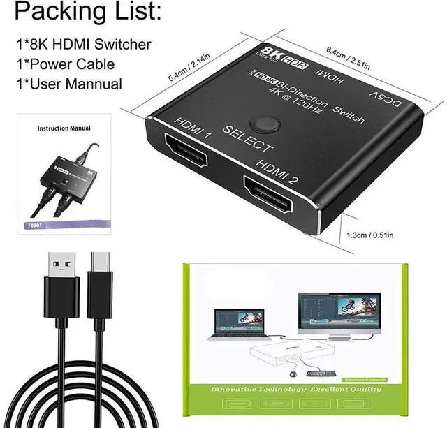 Alt view image 3 of 7 - HDMI 2.1 Switch 8K Bi-Directional HDMI Switcher 2 in 1 Out HDMI Splitter 1 in 2 Out Supports 4K@120Hz 8K@60Hz 48Gbps,HDCP 2.3,ARC,VRR for Xbox X PS5, Blu-Ray, 8K UHD TV, Monitor and Projector eokCXOY