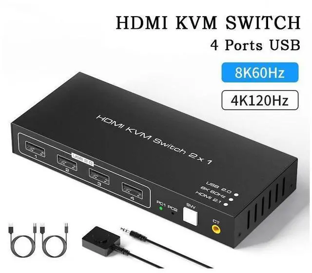 Main image of KVM Switch HDMI 2 Port Box USB Switch selector with 4 USB 2.0 Hub 2 In 1 Out HDMI USB Switch Adapter Switcher 4Kx2K@60Hz Sharing USB Device,Printer,Scanner,Keyboard,Mouse,Wire Control /Body Controller