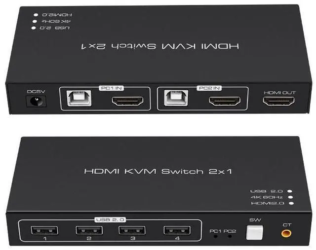 Alt view image 3 of 7 - KVM Switch HDMI 2 Port Box USB Switch selector with 4 USB 2.0 Hub 2 In 1 Out HDMI USB Switch Adapter Switcher 4Kx2K@60Hz Sharing USB Device,Printer,Scanner,Keyboard,Mouse,Wire Control /Body Controller