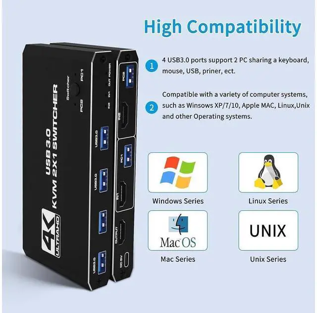 Alt view image 5 of 7 - USB 3.0 HDMI KVM Switch for 2 Computers Share 1 Monitor 4K@60Hz HDCP2.3 HDMI2.0 KVM Switches for 2 Computers Share 1 Set Mouse Keyboard U Disk Printer, Support for up to 4 USB Devices eokCXOY
