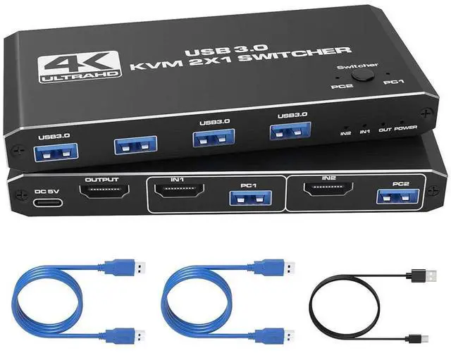 Main image of USB 3.0 HDMI KVM Switch for 2 Computers Share 1 Monitor 4K@60Hz HDCP2.3 HDMI2.0 KVM Switches for 2 Computers Share 1 Set Mouse Keyboard U Disk Printer, Support for up to 4 USB Devices eokCXOY
