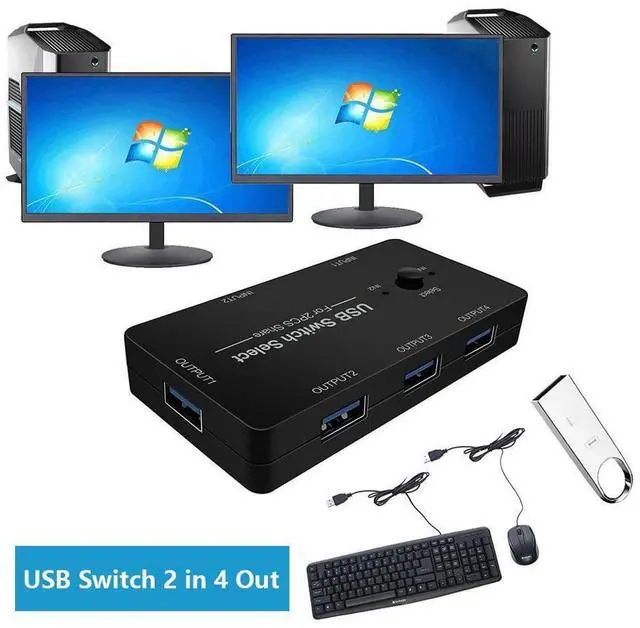 Main image of USB Switch 2 in 4 Out, USB Switcher Selector 2 Port for 2 Computer Share 4 USB Device Keyboard Mouse Printer Scanner U Disk, USB 2.0 switcher Compatible with Windows, Linux etc. eokCXOY