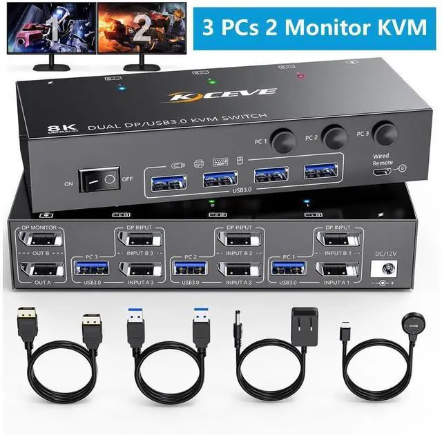 Main image of Displayport KVM Switch 3 Computer 2 Monitors, Dual Monitors Displayport USB 3.0 KVM Switcher, Supports 8K@30Hz 4K@60Hz for 3 DP Computers Share 2 DP Monitors, Keyboard and Mouse, with Wired Remote
