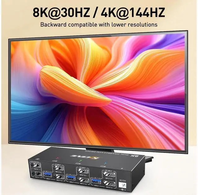 Alt view image 6 of 7 - Displayport KVM Switch 3 Computer 2 Monitors, Dual Monitors Displayport USB 3.0 KVM Switcher, Supports 8K@30Hz 4K@60Hz for 3 DP Computers Share 2 DP Monitors, Keyboard and Mouse, with Wired Remote