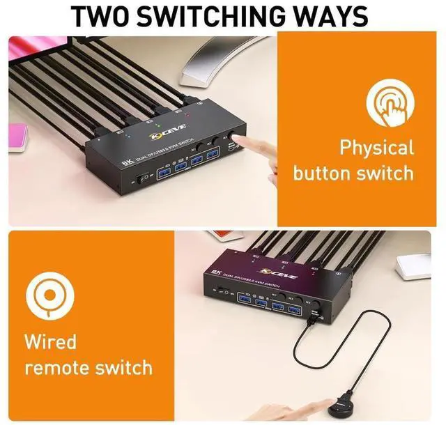 Alt view image 5 of 7 - Displayport KVM Switch 3 Computer 2 Monitors, Dual Monitors Displayport USB 3.0 KVM Switcher, Supports 8K@30Hz 4K@60Hz for 3 DP Computers Share 2 DP Monitors, Keyboard and Mouse, with Wired Remote