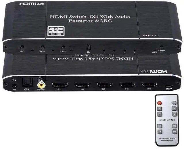 Main image of HDMI Switch Audio Extractor, HDMI Switch Splitter 4 Inputs 1 Output with Remote 4K@60hz, 4-Port HDMI2.0b Switcher Box with Optical Toslink SPDIF+Coaxial+3.5mm Audio Out eokCXOY
