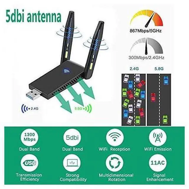Alt view image 6 of 7 - WLAN Stick USB 3.0 WiFi Adapter PC 1300Mbps WiFi Dongle 2.4GHz/5GHz High Gain Dual Band 5dBi Antenna Wireless Network Adapter for Desktop, Laptop WinXP/7/8/10/Vista/Linux eokCXOY