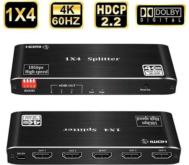 Main image of 4K 60Hz HDMI 2.0 1X4 Switch Splitter, 4 Port 4K HDMI Switcher 1 in 4 Out, HDMI 2.0b and HDCP 2.2,4K@60Hz 1x4 HDMI Splitter.support RGB 8:8:8(7.1CH Dolby atmos, 16 kinds of EDID mode,HDR 10 eokCXOY