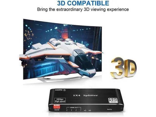 Alt view image 5 of 7 - 4K 60Hz HDMI 2.0 1X4 Switch Splitter, 4 Port 4K HDMI Switcher 1 in 4 Out, HDMI 2.0b and HDCP 2.2,4K@60Hz 1x4 HDMI Splitter.support RGB 8:8:8(7.1CH Dolby atmos, 16 kinds of EDID mode,HDR 10 eokCXOY