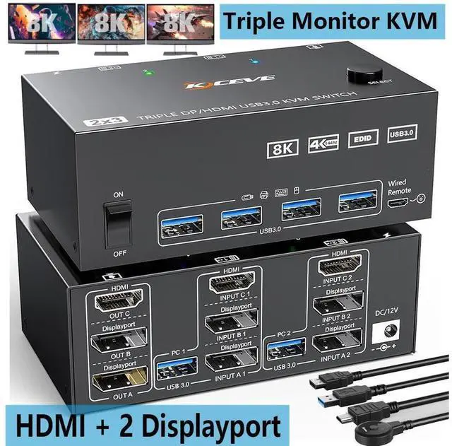 Main image of Triple Monitor KVM Switch 2 PC 3 Monitors 8K@60Hz, HDMI + 2 Displayport KVM Switch Triple Monitor for 2 Computer Share 3 Monitors and 4 USB 3.0 Device, Cable Remote Control and 5 Cables Included