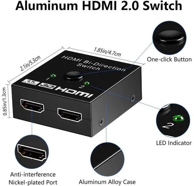Alt view image 6 of 7 - HDMI Switch Splitter 4K@60hz, Aluminum Bidirectional HDMI Switcher 2 in 1 Out, HDMI Splitter 1 in 2 Out, HDMI Hub Supports 4K 3D HDR for Xbox PS5/4/3 Blu-Ray Player Fire Stick Roku HDTV eokCXOY