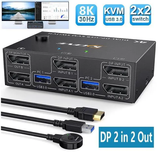 Main image of DisplayPort 1.4 KVM Switch Dual Monitor 2 in 2 Out 8K @30Hz 4K@144Hz, DP1.4 USB KVM Switch and 4 USB 3.0 for 2 Computers, Backnward Compatible DP1.2 with DP+USB Cables and Wired Controller eokCXOY