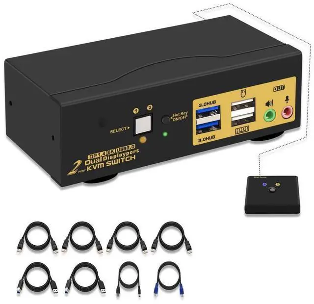 Alt view image 2 of 7 - 2 Port DP USB 3.0 Dual Monitor Displayport KVM Switch, DP 1.4 8K@30Hz 4K@144Hz Extended Display, DP KVM Switch 2 Computers 2 Monitors with Audio Microphone Output, with Cables and Wired Controller