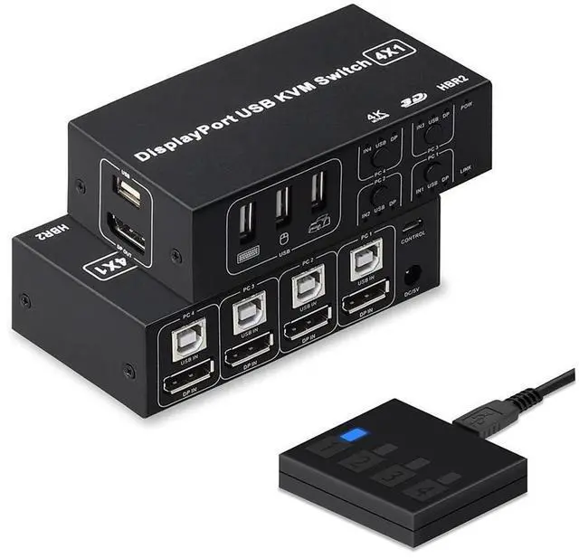 Main image of 4 Port DisplayPort KVM Switch 3D UHD 4K@60Hz 4 in 1 Out USB and DP KVM Switcher for 4 PCs Share Keyboard Mouse Monitor and USB 2.0 Devices, with 4 USB Cables eokCXOY