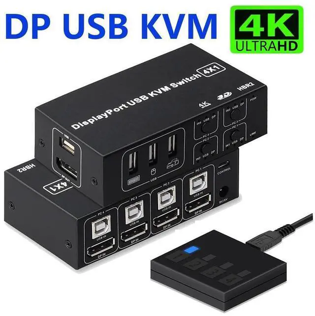 Main image of 4 Port DisplayPort USB KVM Switch, 4K @60Hz 2K@120Hz Ultra HD 4x1 DP KVM Switcher 4 in 1 Out with 4 Pcs 5ft KVM Cables + 4 DP Cables Supports USB 2.0 Device eokCXOY
