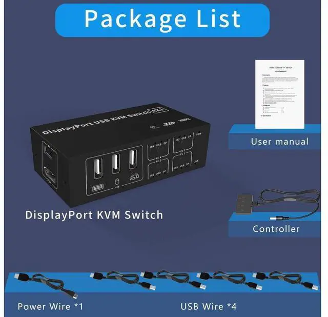 Alt view image 7 of 7 - 4 Port DisplayPort USB KVM Switch, 4K @60Hz 2K@120Hz Ultra HD 4x1 DP KVM Switcher 4 in 1 Out with 4 Pcs 5ft KVM Cables + 4 DP Cables Supports USB 2.0 Device eokCXOY