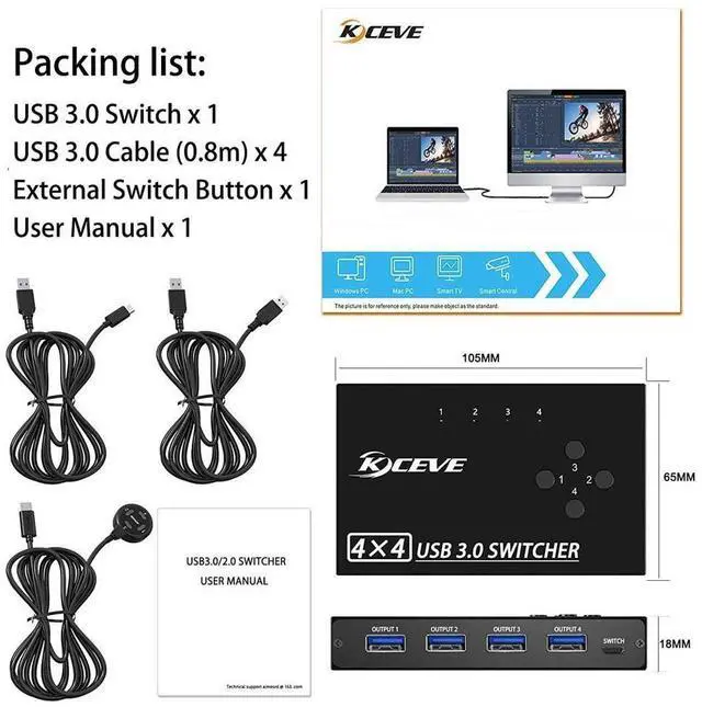 Alt view image 7 of 7 - USB 3.0 Switch Selector 4 Port, 4 in 4 Out USB KVM Switcher 4 Computers Sharing 4 USB Devices, USB Peripheral Switcher for Keyboard Mouse Printer Scanner,with Wired Remote Button and 4 USB 3.0 Cable