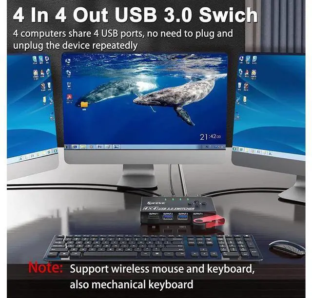 Alt view image 2 of 7 - USB 3.0 Switch Selector 4 Port, 4 in 4 Out USB KVM Switcher 4 Computers Sharing 4 USB Devices, USB Peripheral Switcher for Keyboard Mouse Printer Scanner,with Wired Remote Button and 4 USB 3.0 Cable