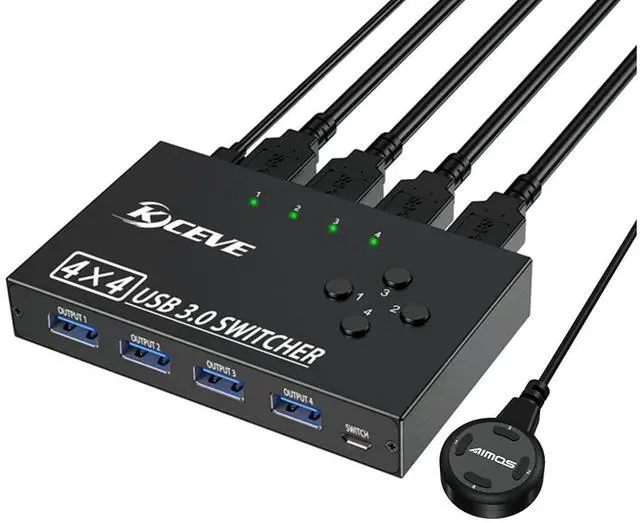 Main image of USB 3.0 Switch Selector 4 Port, 4 in 4 Out USB KVM Switcher 4 Computers Sharing 4 USB Devices, USB Peripheral Switcher for Keyboard Mouse Printer Scanner,with Wired Remote Button and 4 USB 3.0 Cable