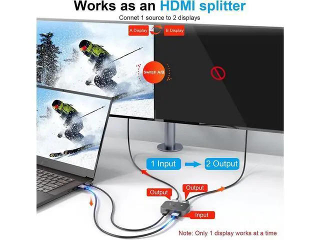 Alt view image 2 of 7 - 2 Port 8K HDMI 2.1 Switch, Aluminum HDMI Switcher 2 in 1 Out Support 8K @60Hz/4K @120Hz, Bi-Directional HDMI Switch Splitter 1 in 2 Out Compatible for PS3/4/5 Xbox Fire Stick Roku Blu-Ray Player