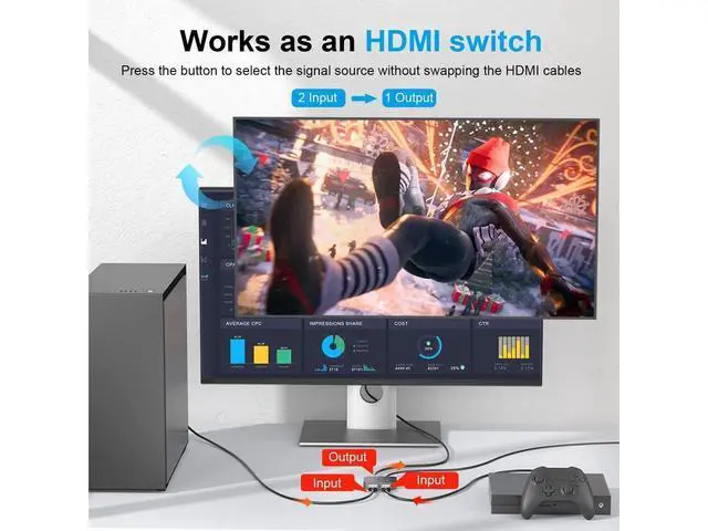 Alt view image 3 of 7 - 2 Port 8K HDMI 2.1 Switch, Aluminum HDMI Switcher 2 in 1 Out Support 8K @60Hz/4K @120Hz, Bi-Directional HDMI Switch Splitter 1 in 2 Out Compatible for PS3/4/5 Xbox Fire Stick Roku Blu-Ray Player