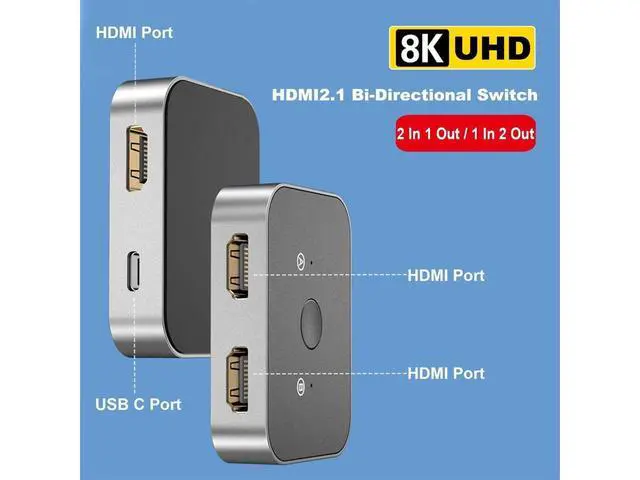 Alt view image 6 of 7 - 2 Port 8K HDMI 2.1 Switch, Aluminum HDMI Switcher 2 in 1 Out Support 8K @60Hz/4K @120Hz, Bi-Directional HDMI Switch Splitter 1 in 2 Out Compatible for PS3/4/5 Xbox Fire Stick Roku Blu-Ray Player