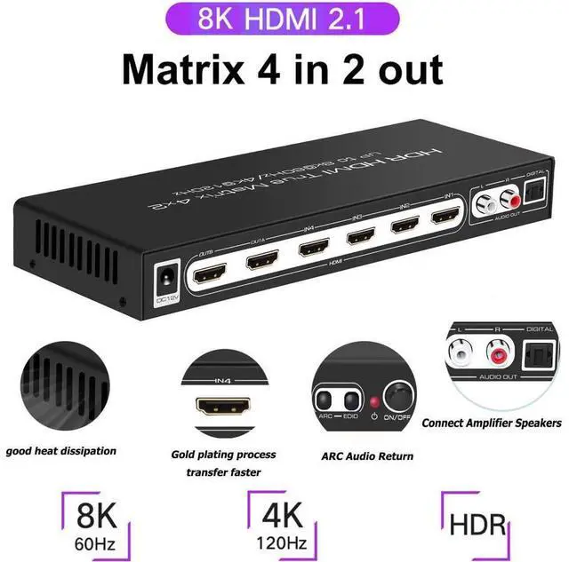 Alt view image 2 of 7 - 8K 4x2 HDMI Matrix Switch,4 in 2 Out Matrix HDMI2.1 Video Switcher Splitter +Optical & RAC Audio Output, Support 8K @60Hz 4K@120Hz HDR10 ARC with IR Remote Control for PS5 Xbox eokCXOY