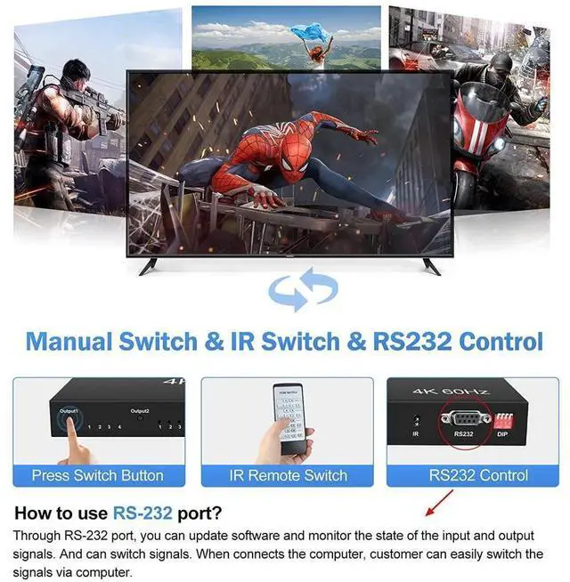 Alt view image 3 of 7 - 4x4 HDMI Matrix Switch 4K@60Hz, HDMI Matrix Switcher Splitter 4 in 4 Out with RS232 Control, HDMI Matrix Selector Box with EDID, Support Auto Downscaler, HDR, HDMI2.0, HDCP2.2, 18Gbps eokCXOY