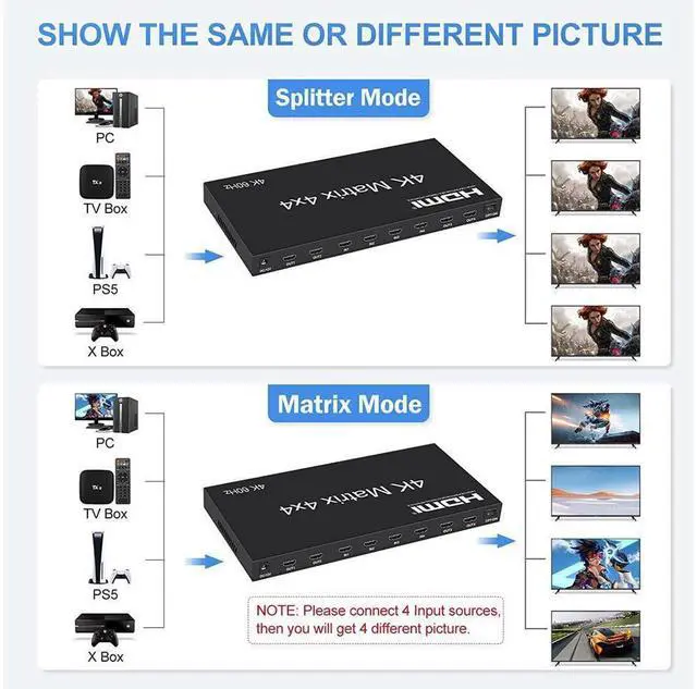Alt view image 2 of 7 - 4x4 HDMI Matrix Switch 4K@60Hz, HDMI Matrix Switcher Splitter 4 in 4 Out with RS232 Control, HDMI Matrix Selector Box with EDID, Support Auto Downscaler, HDR, HDMI2.0, HDCP2.2, 18Gbps eokCXOY