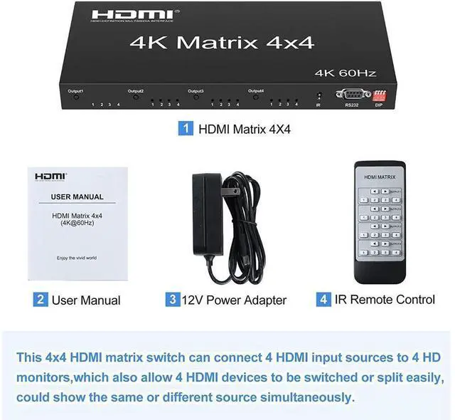 Alt view image 6 of 7 - 4x4 HDMI Matrix Switch 4K@60Hz, HDMI Matrix Switcher Splitter 4 in 4 Out with RS232 Control, HDMI Matrix Selector Box with EDID, Support Auto Downscaler, HDR, HDMI2.0, HDCP2.2, 18Gbps eokCXOY