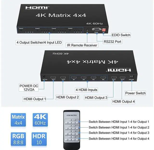 Alt view image 7 of 7 - 4x4 HDMI Matrix Switch 4K@60Hz, HDMI Matrix Switcher Splitter 4 in 4 Out with RS232 Control, HDMI Matrix Selector Box with EDID, Support Auto Downscaler, HDR, HDMI2.0, HDCP2.2, 18Gbps eokCXOY