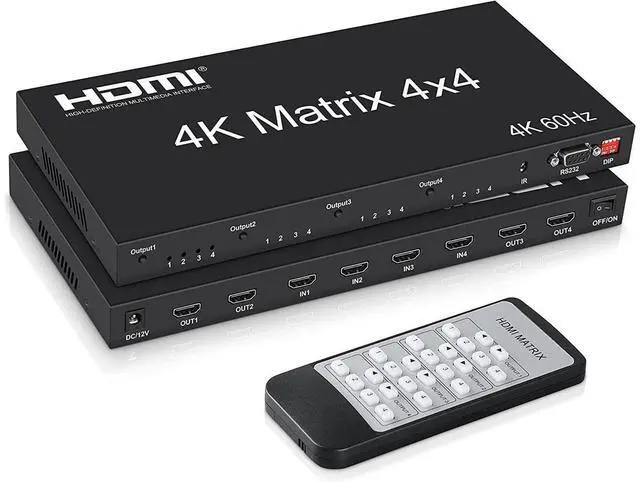 Main image of 4x4 HDMI Matrix Switch 4K@60Hz, HDMI Matrix Switcher Splitter 4 in 4 Out with RS232 Control, HDMI Matrix Selector Box with EDID, Support Auto Downscaler, HDR, HDMI2.0, HDCP2.2, 18Gbps eokCXOY